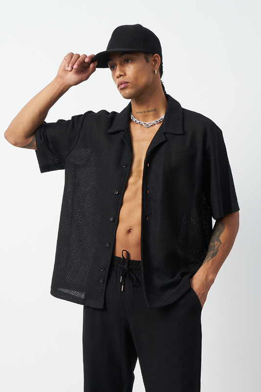 Honeycomb Patterned Oversized Cuban Collar Men's Shirt