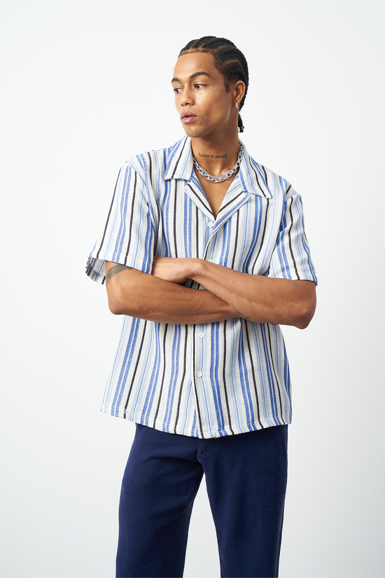 Striped Cuban Collar Oversized Men's Shirt