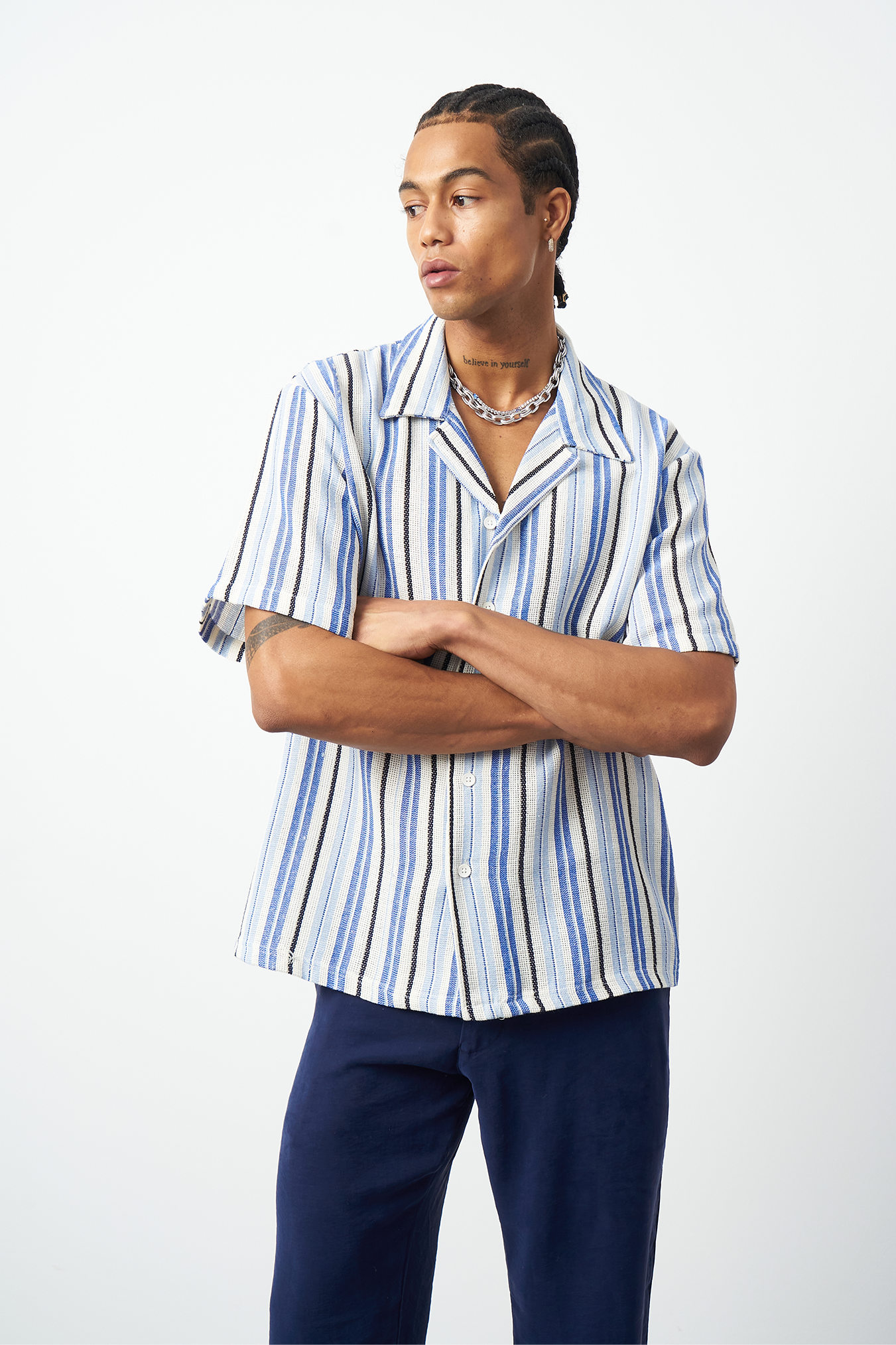 Striped Cuban Collar Oversized Men's Shirt