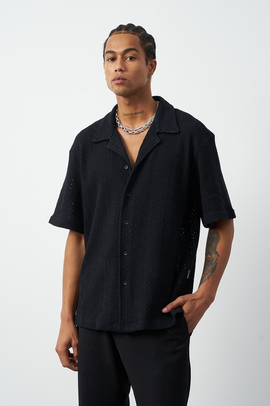 Knitted Patterned Oversized Cuban Collar Men's Shirt