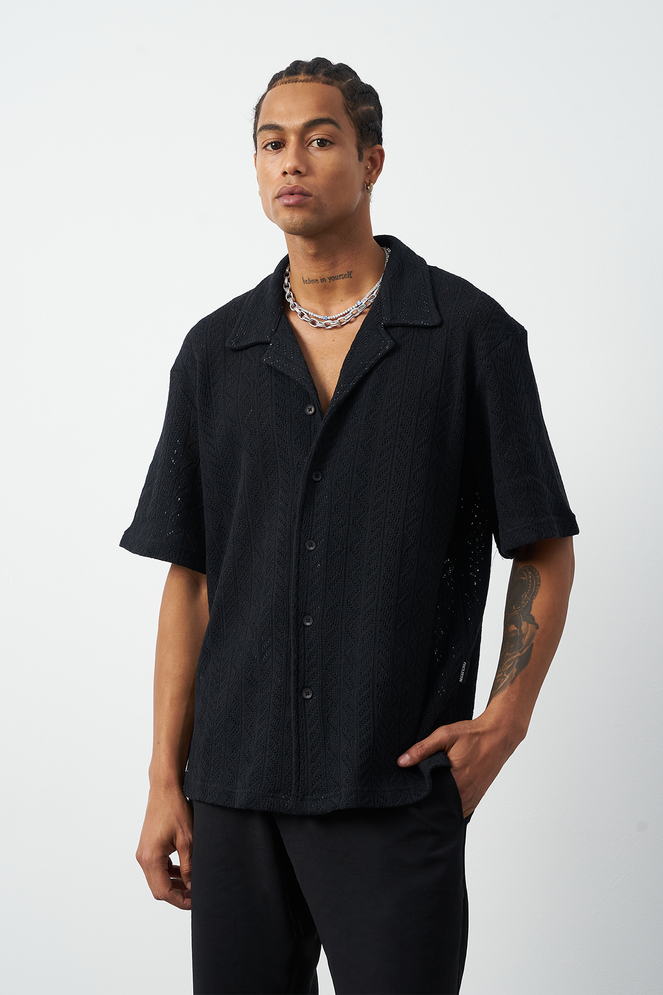 Knitted Patterned Oversized Cuban Collar Men's Shirt