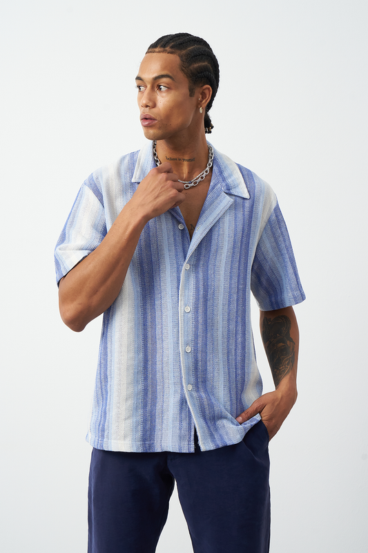 Cuban collar light blue striped oversized shirt by Mesfeno Wear, premium camp collar design for men