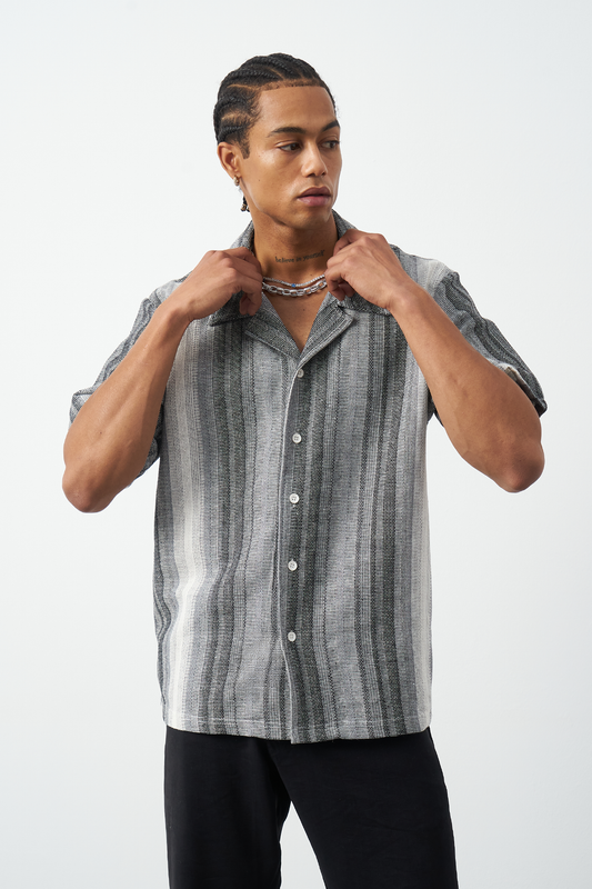 Gray Cuban collar striped oversized shirt by Mesfeno Wear, modern camp collar design for men