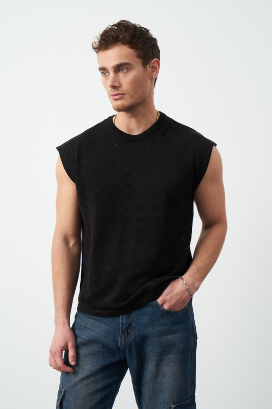 Patterned Oversized Sleeveless Knit Men's T-Shirt