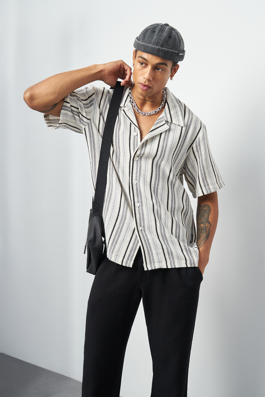 Striped Cuban Collar Oversized Men's Shirt