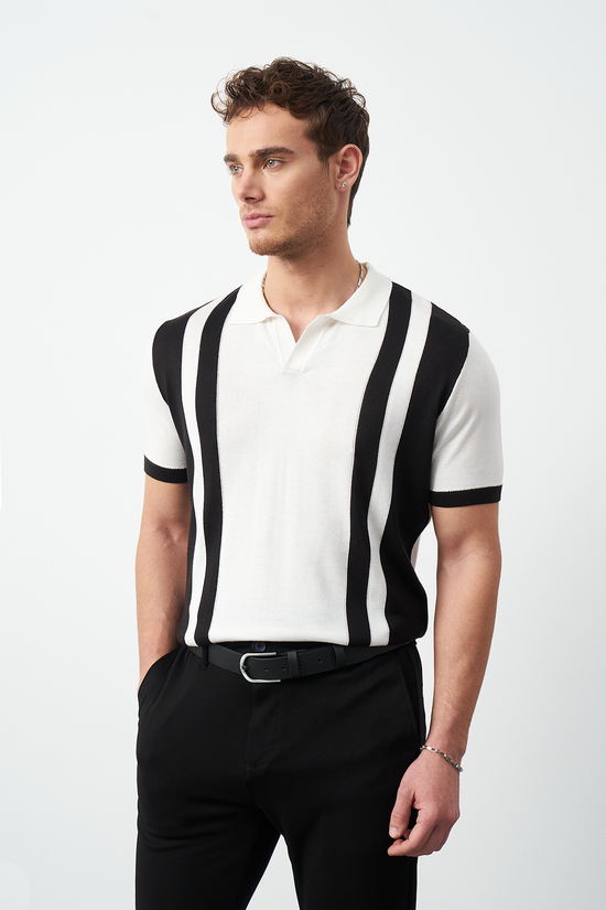 Striped Oversized Polo Neck Knit Men's T-Shirt