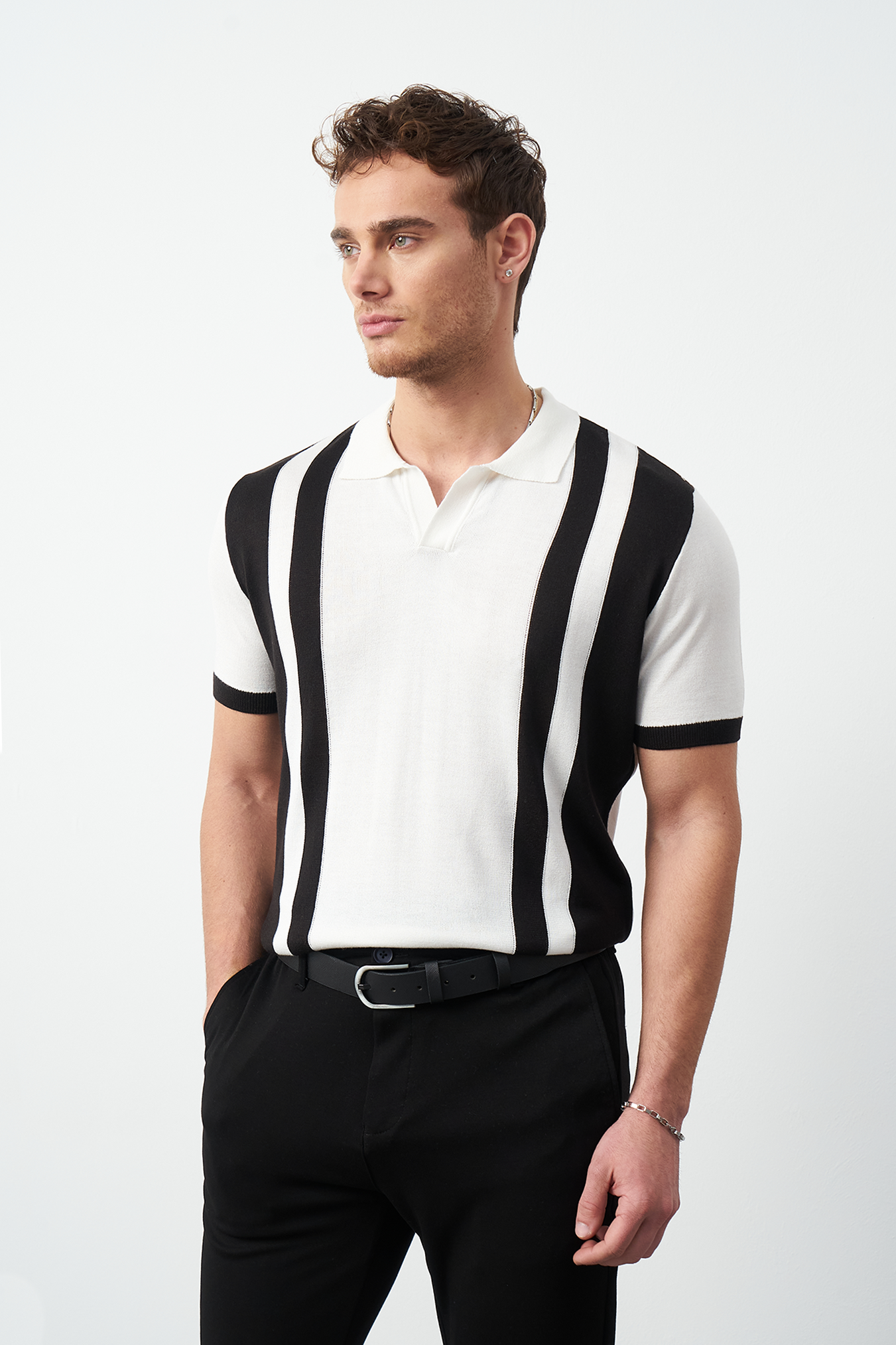 Striped Oversized Polo Neck Knit Men's T-Shirt