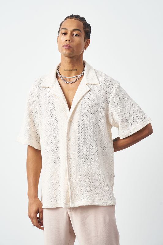 Knitted Patterned Oversized Cuban Collar Men's Shirt