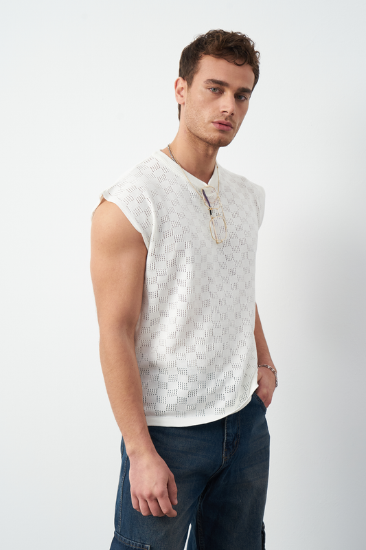 Patterned Oversized Sleeveless Knit Men's T-Shirt