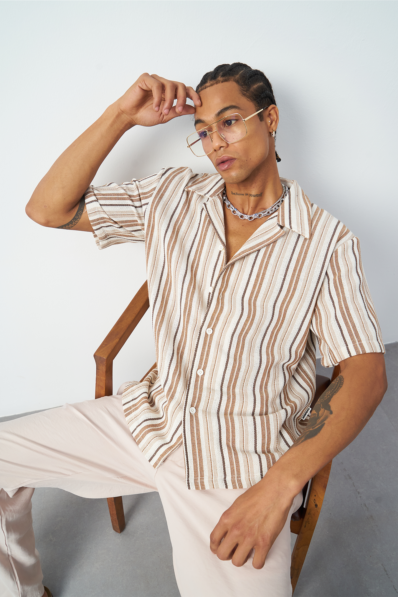 Striped Cuban Collar Oversized Men's Shirt