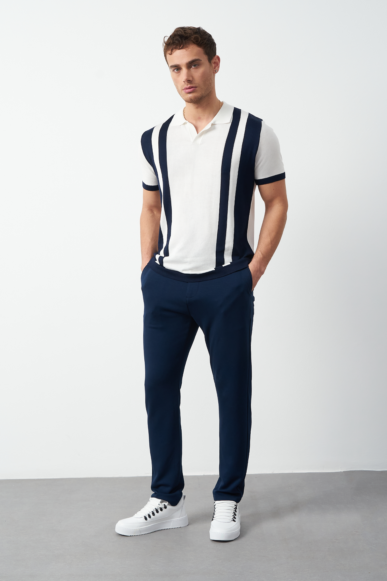 Oversized polo shirt navy blue worn by model - Men's striped knit polo by Mesfeno Wear