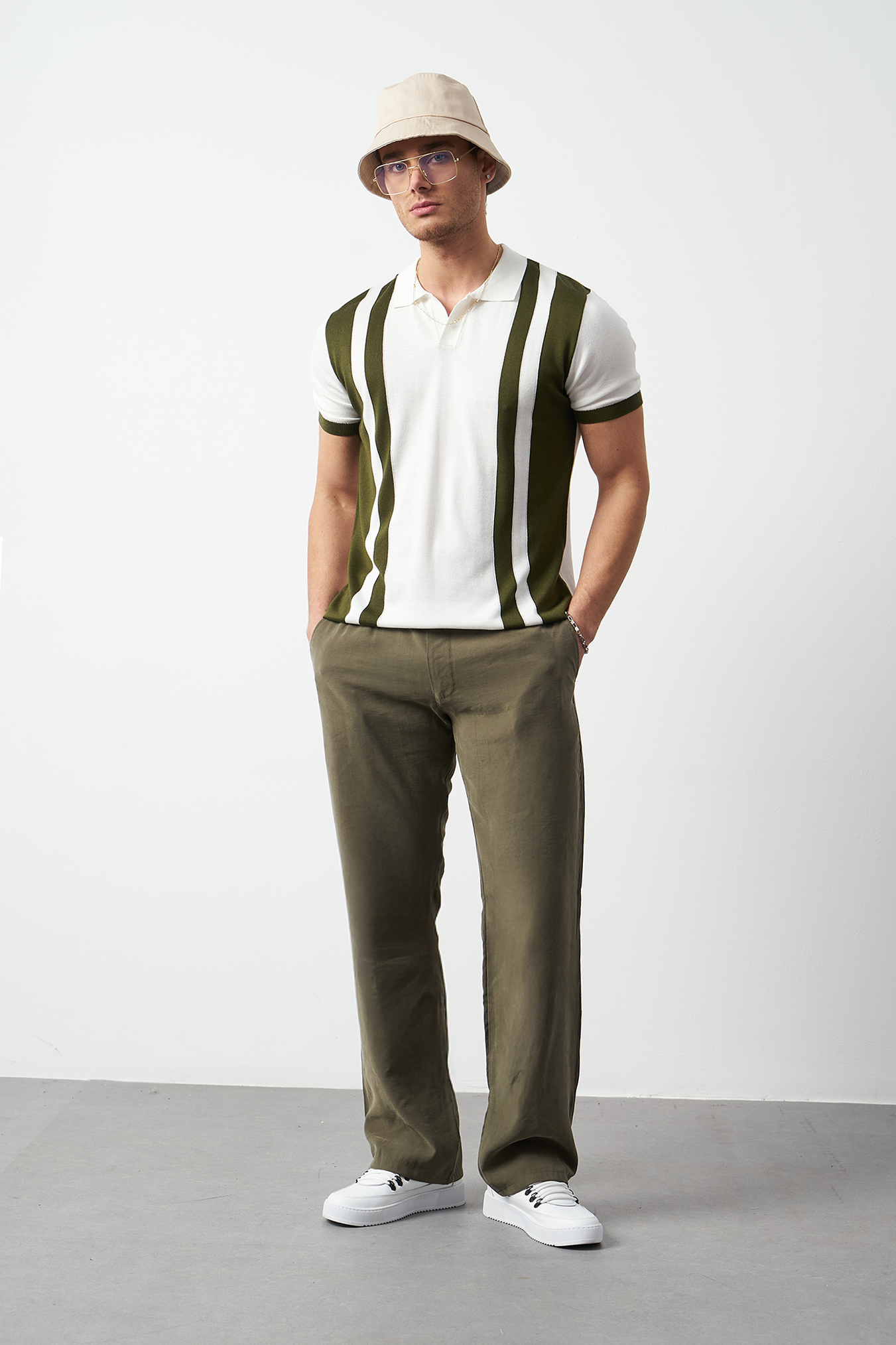 Striped Oversized Polo Neck Knit Men's T-Shirt
