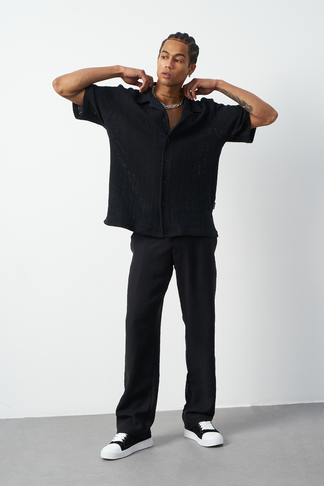 Knitted Patterned Oversized Cuban Collar Men's Shirt