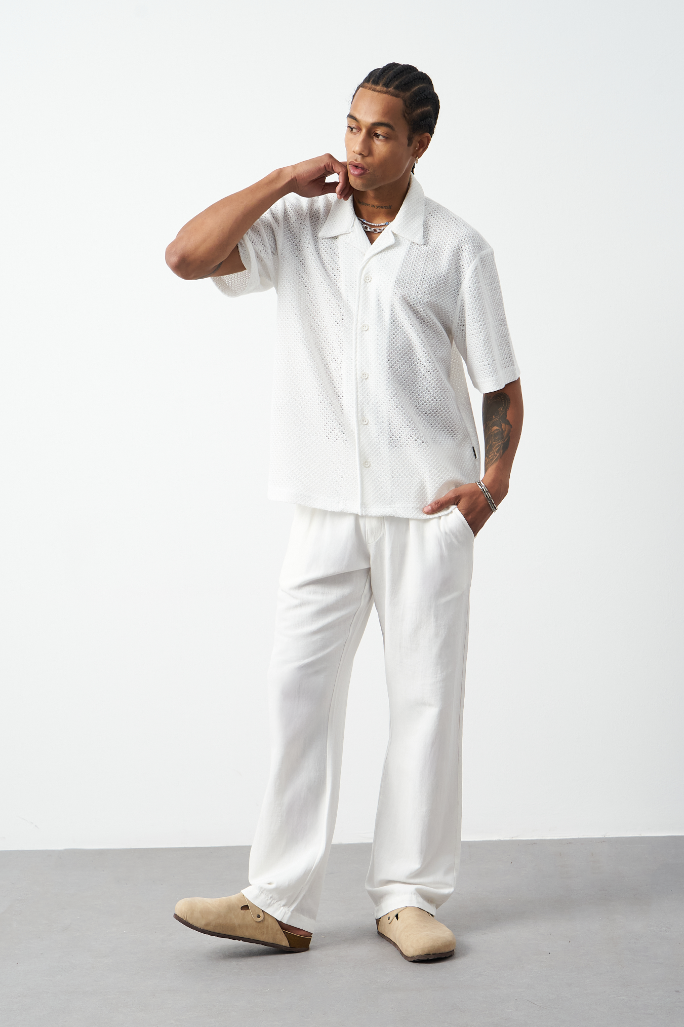 Honeycomb Patterned Oversized Cuban Collar Men's Shirt