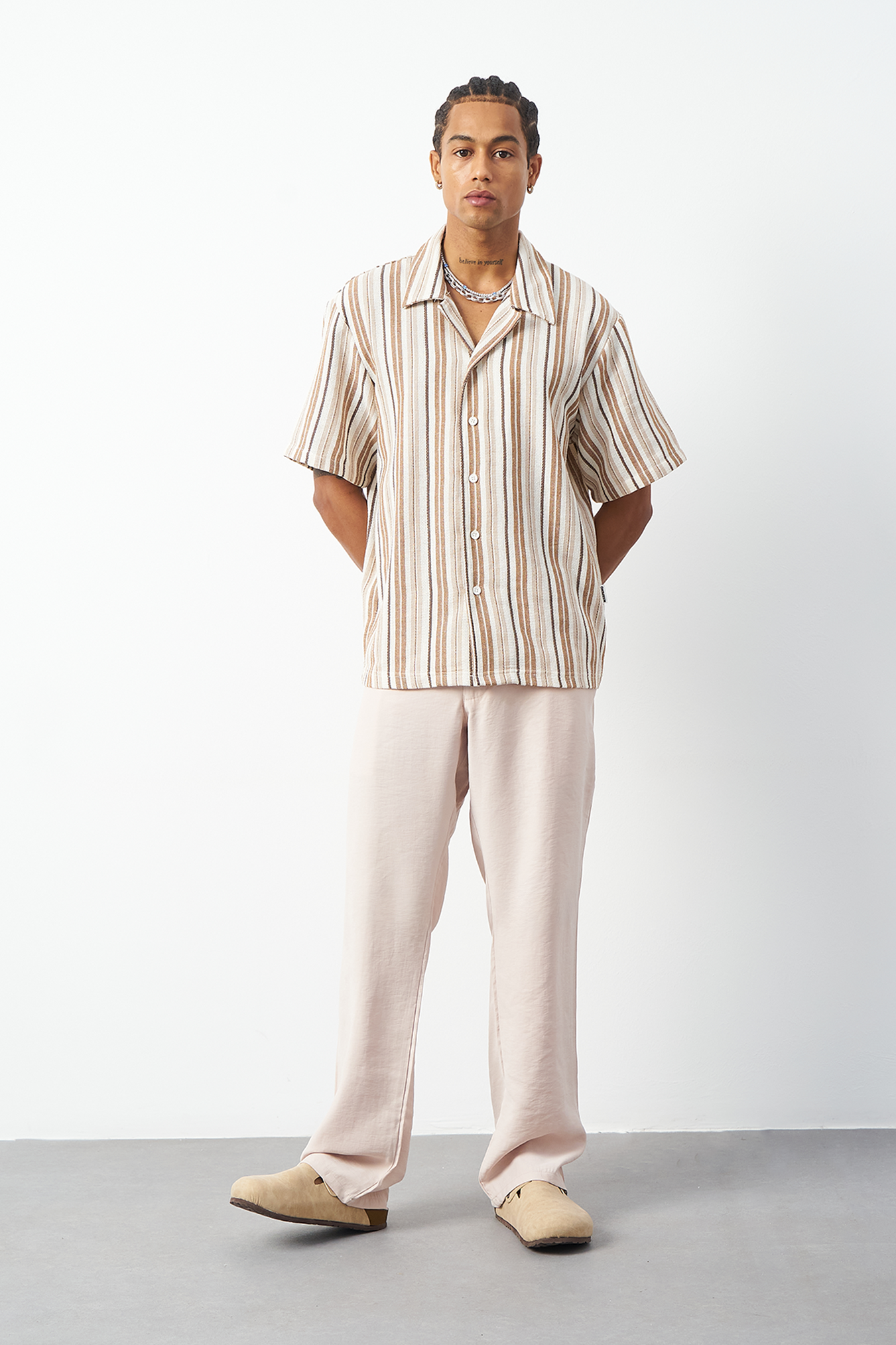 Striped Cuban Collar Oversized Men's Shirt