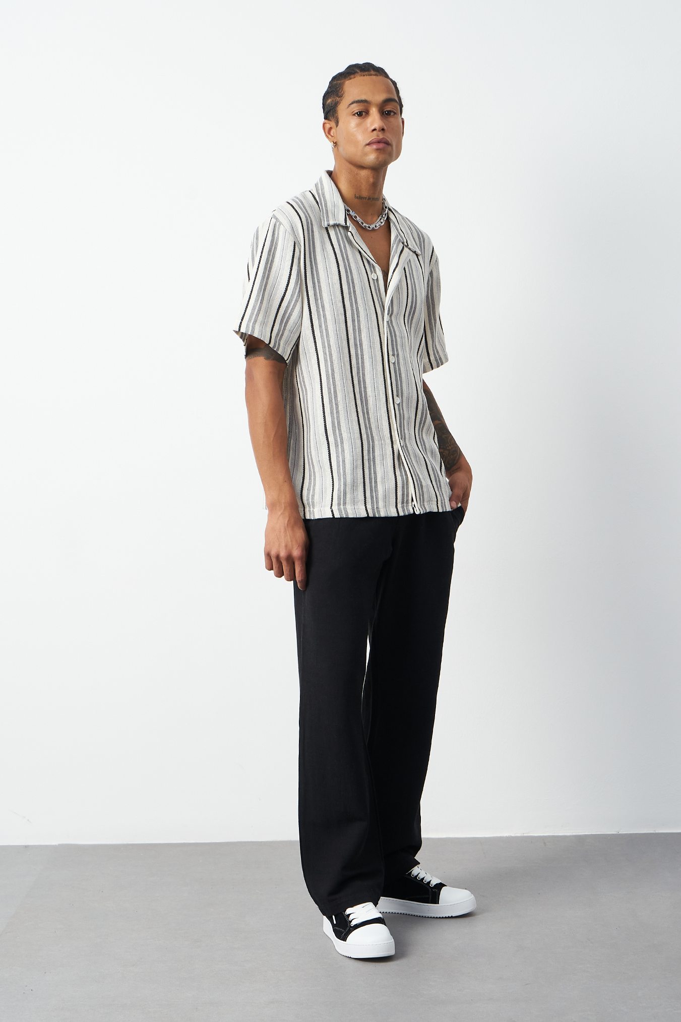 Striped Cuban Collar Oversized Men's Shirt