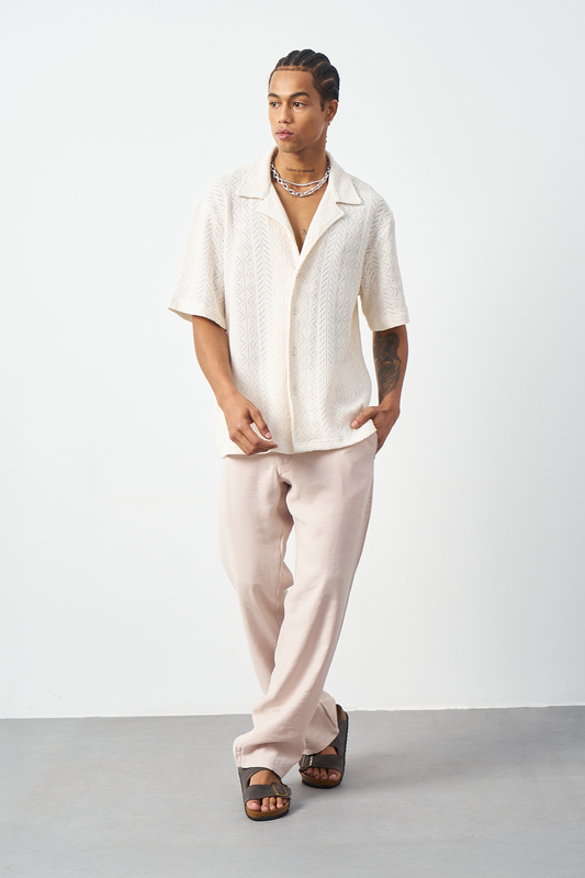 Knitted Patterned Oversized Cuban Collar Men's Shirt
