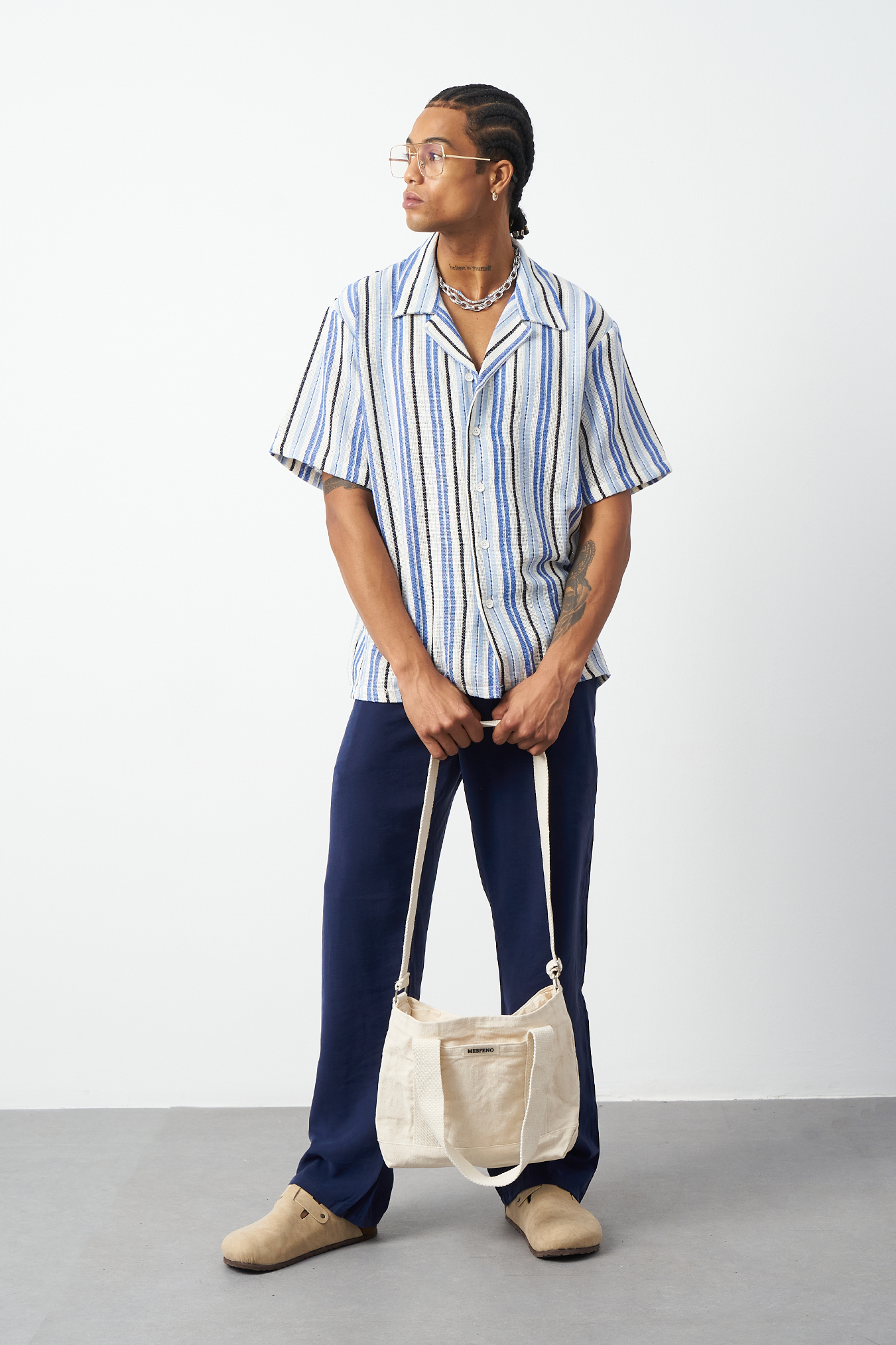 Striped Cuban Collar Oversized Men's Shirt