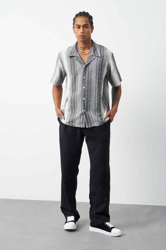 Gray Cuban collar shirt on model, oversized fit striped camp collar design MSFN-212