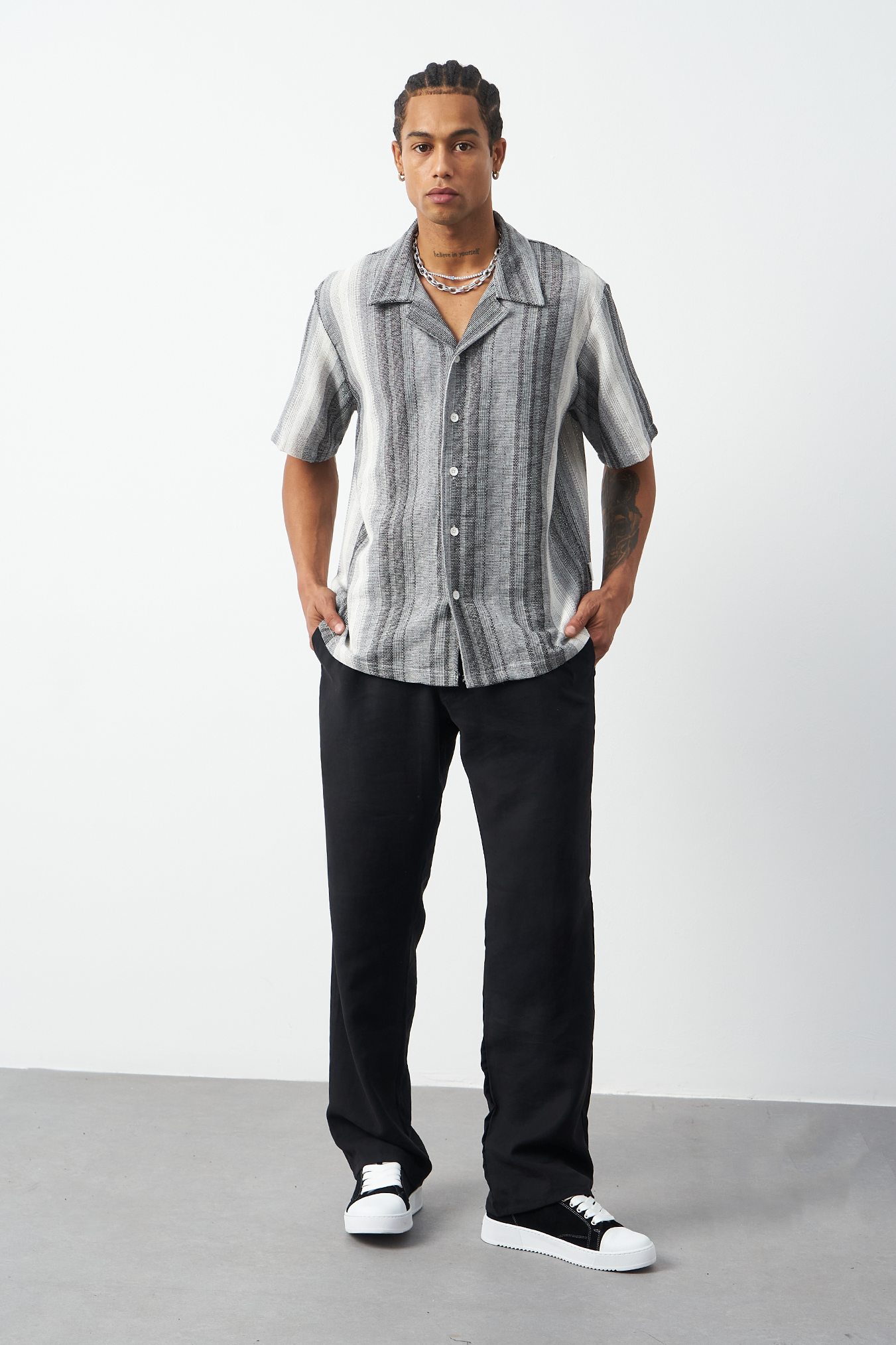Gray Cuban collar shirt on model, oversized fit striped camp collar design MSFN-212