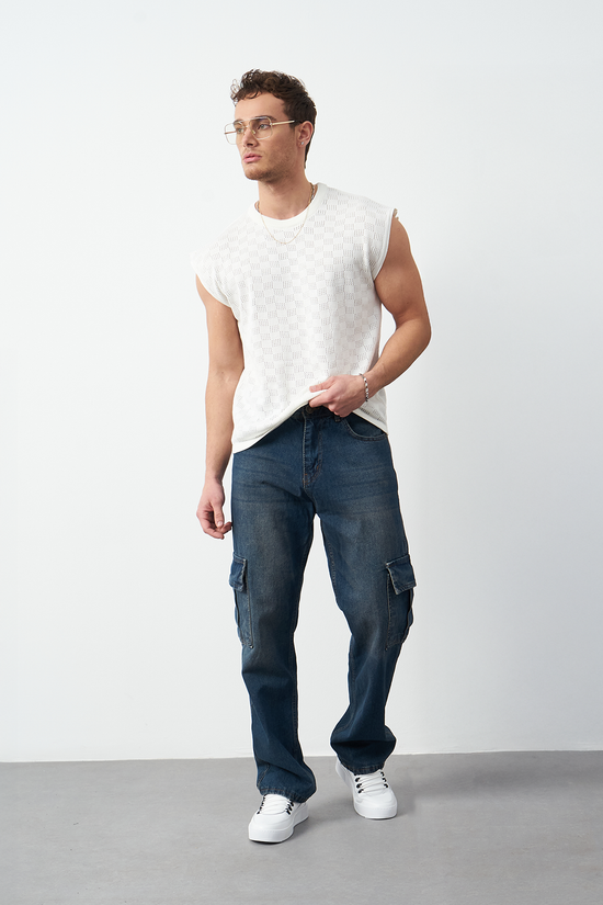 Patterned Oversized Sleeveless Knit Men's T-Shirt