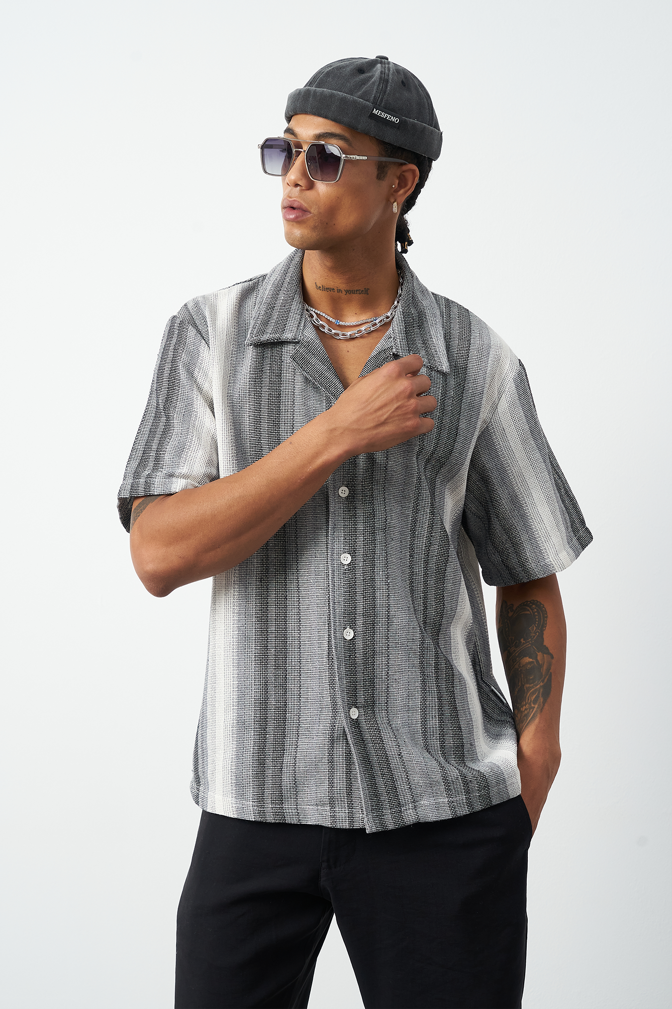 Cuban collar detail on gray striped shirt, authentic camp collar construction by Mesfeno