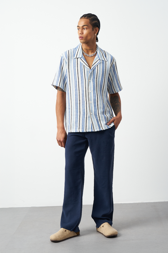 Striped Cuban Collar Oversized Men's Shirt