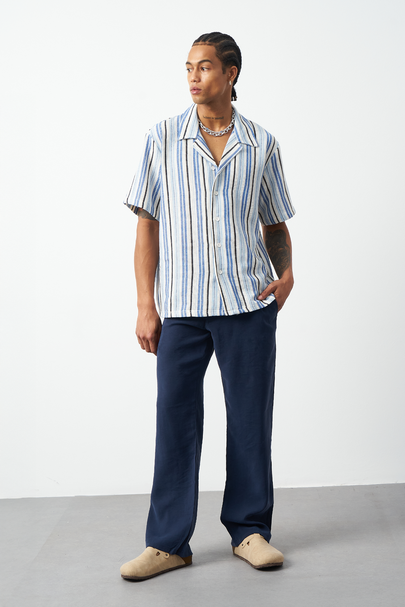 Striped Cuban Collar Oversized Men's Shirt