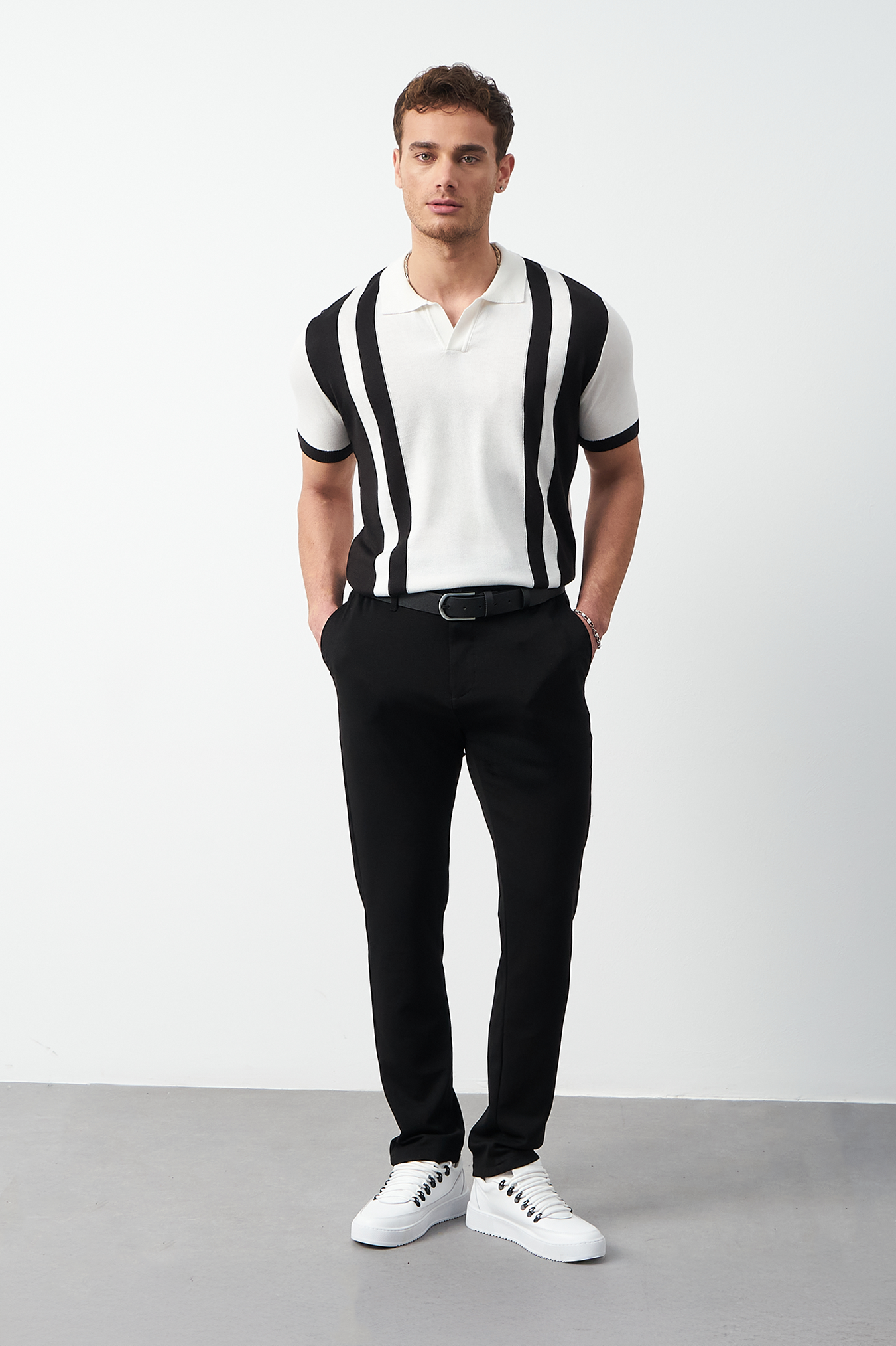 Oversized polo shirt styled with beige pants - Navy streetwear polo by Mesfeno Wear