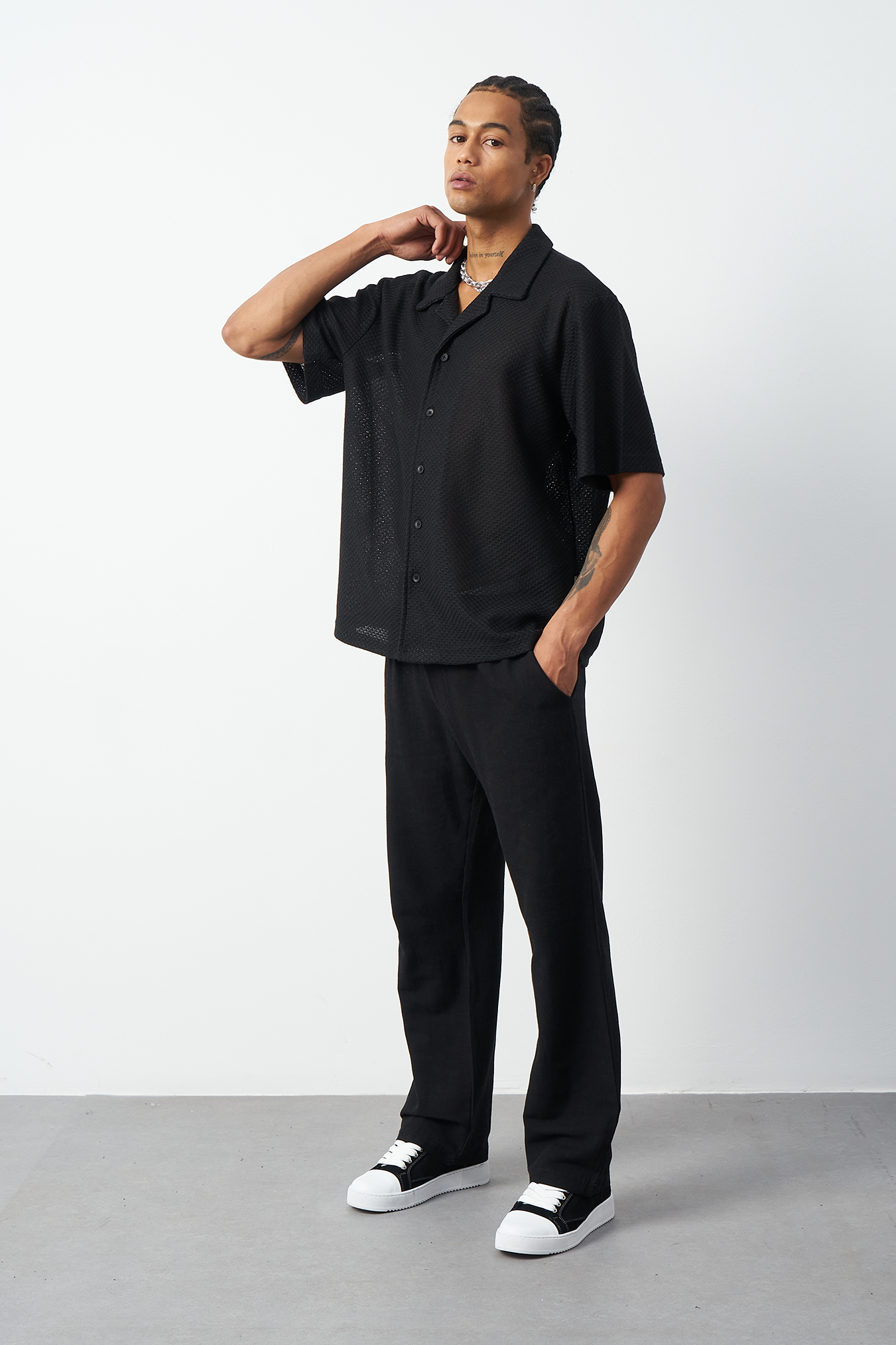 Honeycomb Patterned Oversized Cuban Collar Men's Shirt