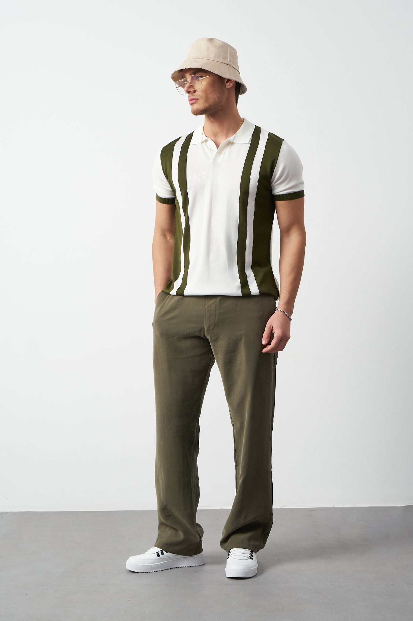Striped Oversized Polo Neck Knit Men's T-Shirt