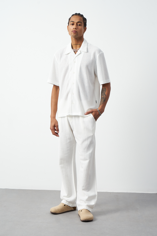 Honeycomb Patterned Oversized Cuban Collar Men's Shirt