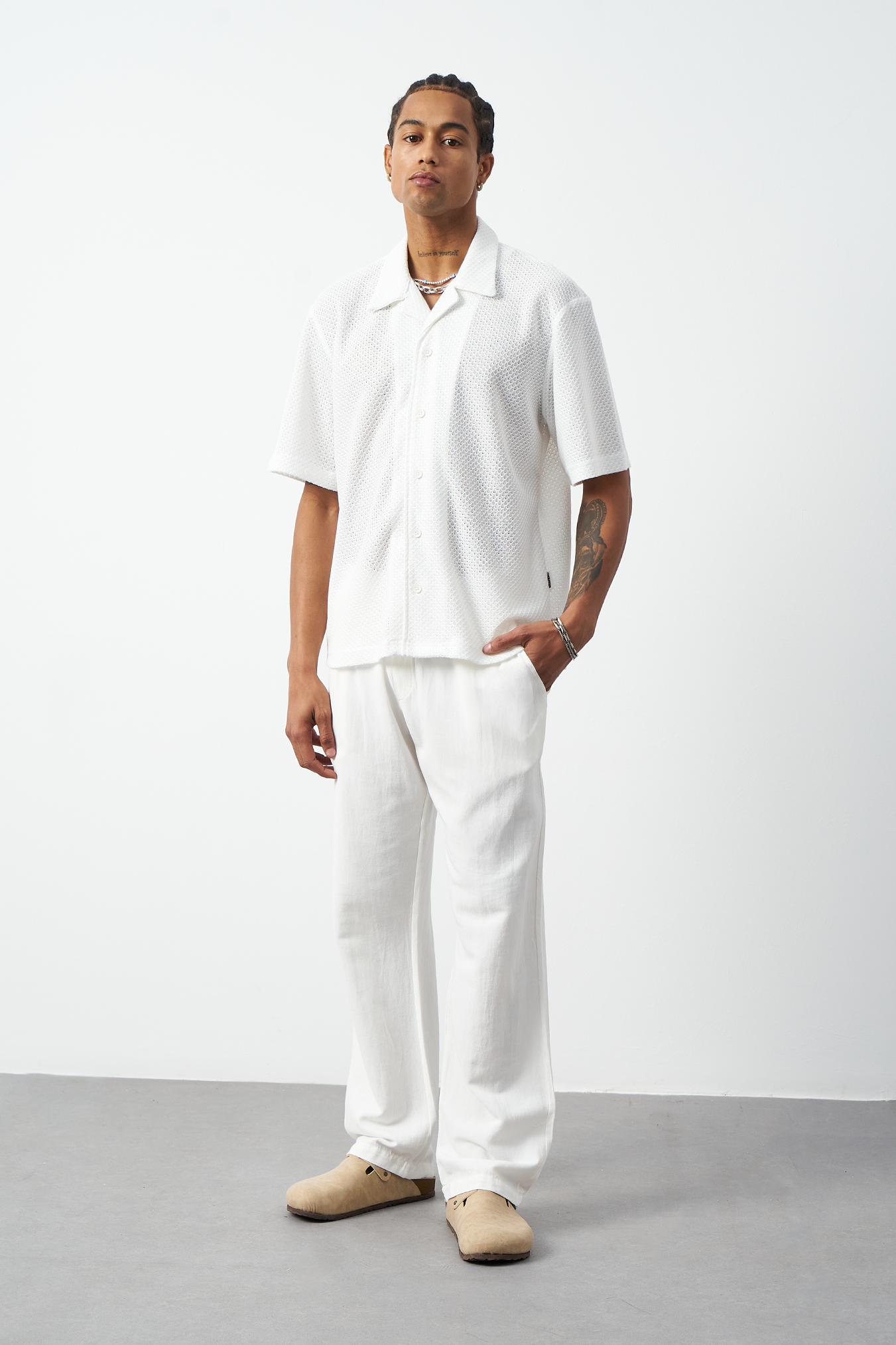 Honeycomb Patterned Oversized Cuban Collar Men's Shirt