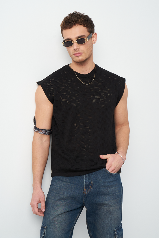 Patterned Oversized Sleeveless Knit Men's T-Shirt