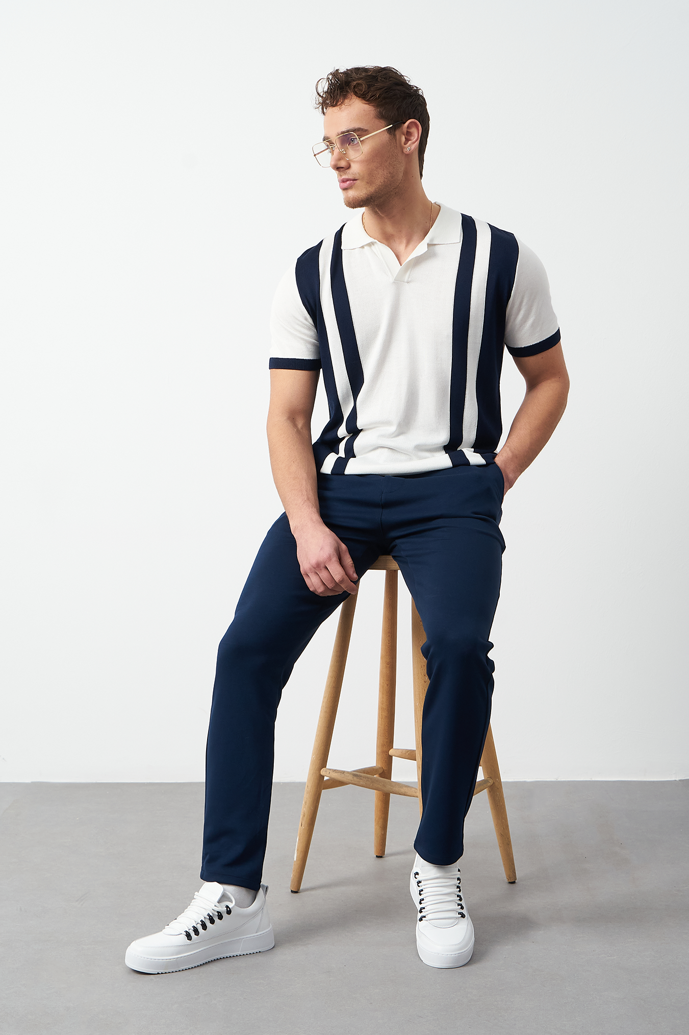 Oversized polo shirt collar and knit texture - Navy striped fabric detail Mesfeno Wear