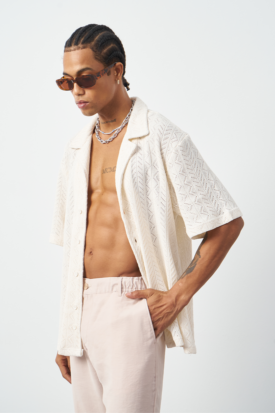 Knitted Patterned Oversized Cuban Collar Men's Shirt