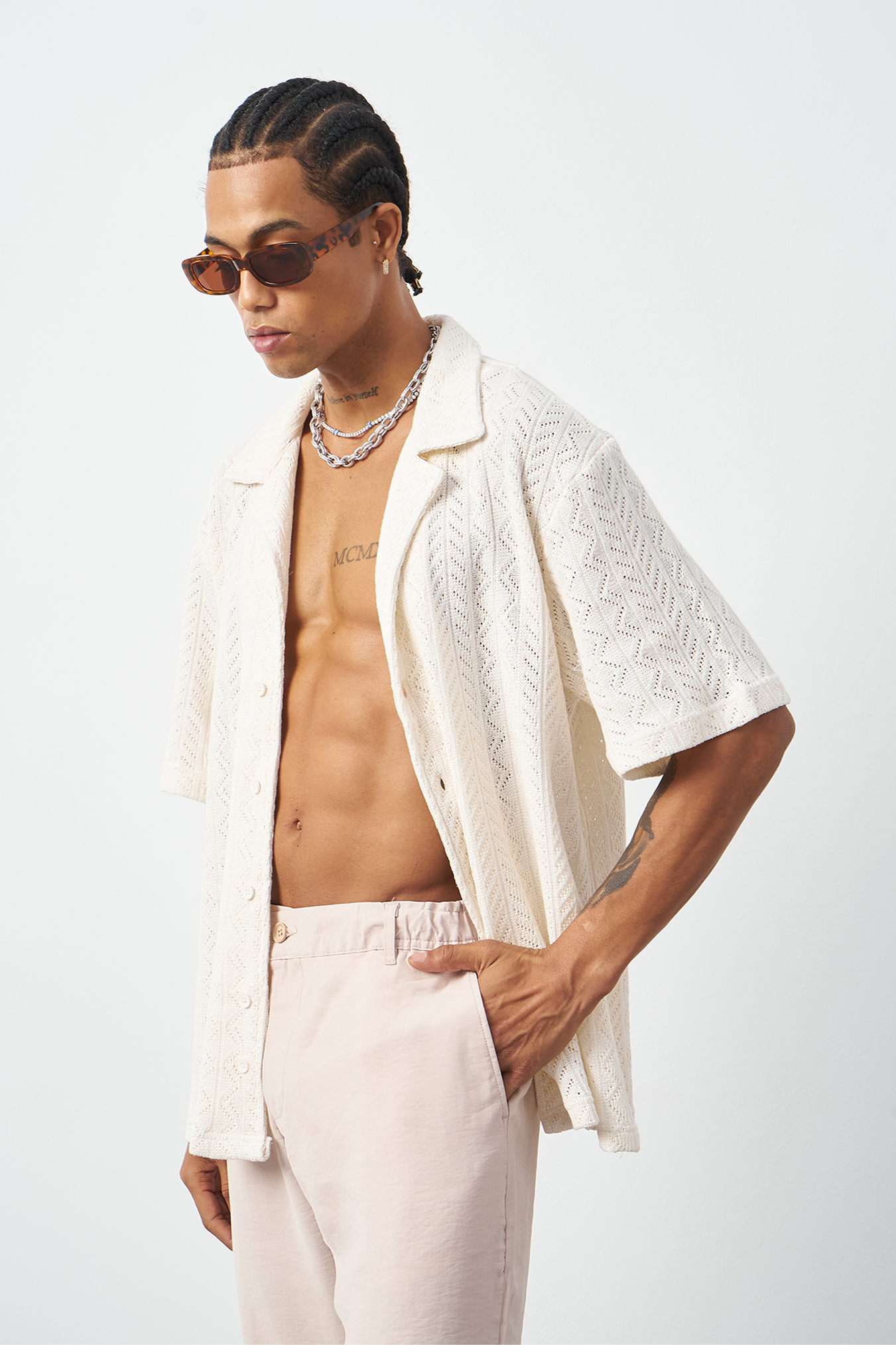 Knitted Patterned Oversized Cuban Collar Men's Shirt