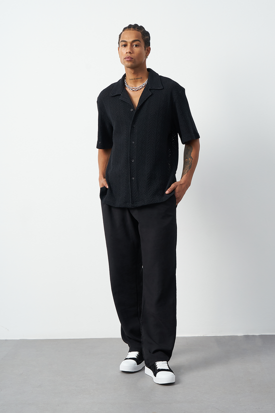 Knitted Patterned Oversized Cuban Collar Men's Shirt