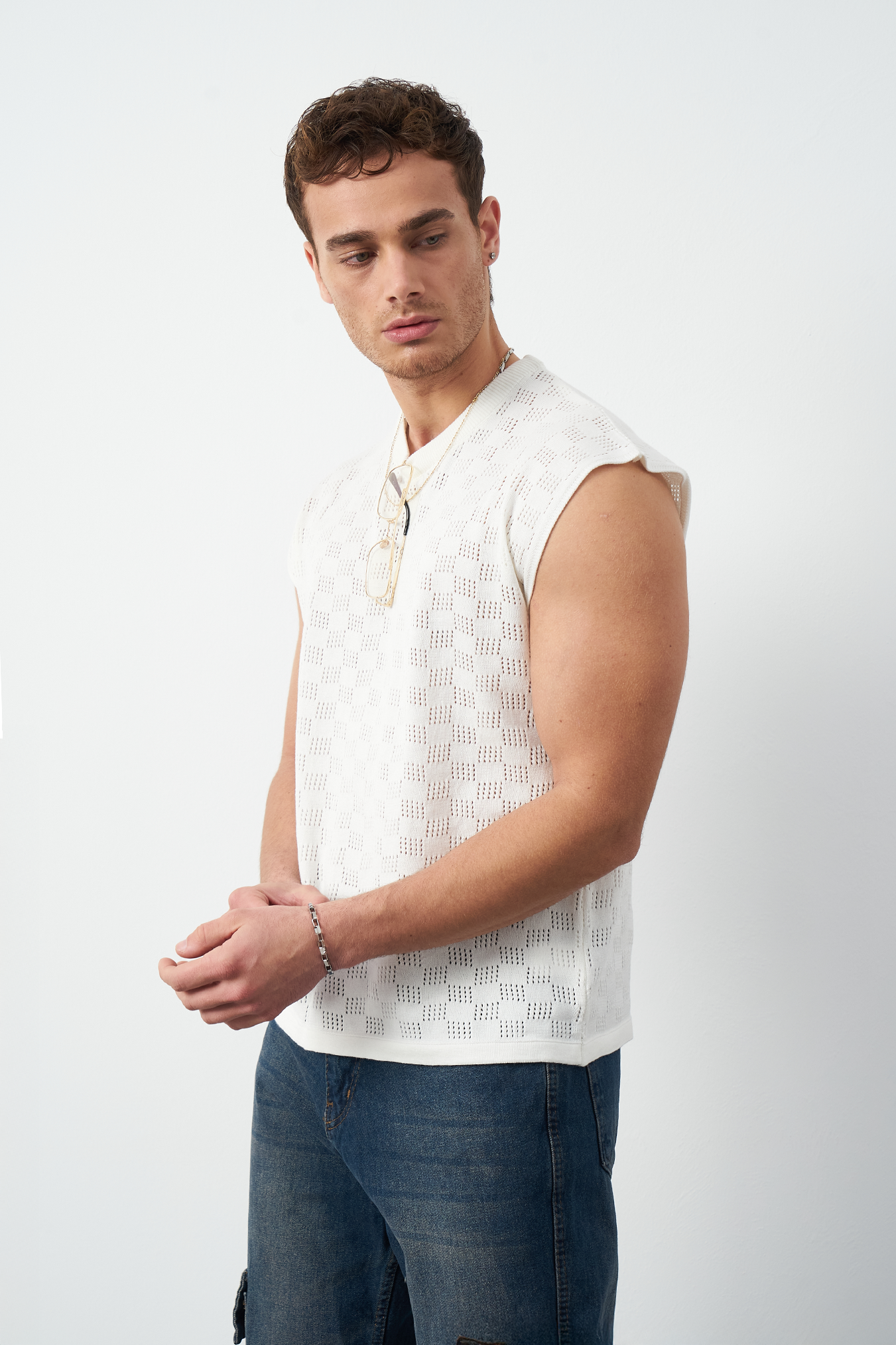 Patterned Oversized Sleeveless Knit Men's T-Shirt