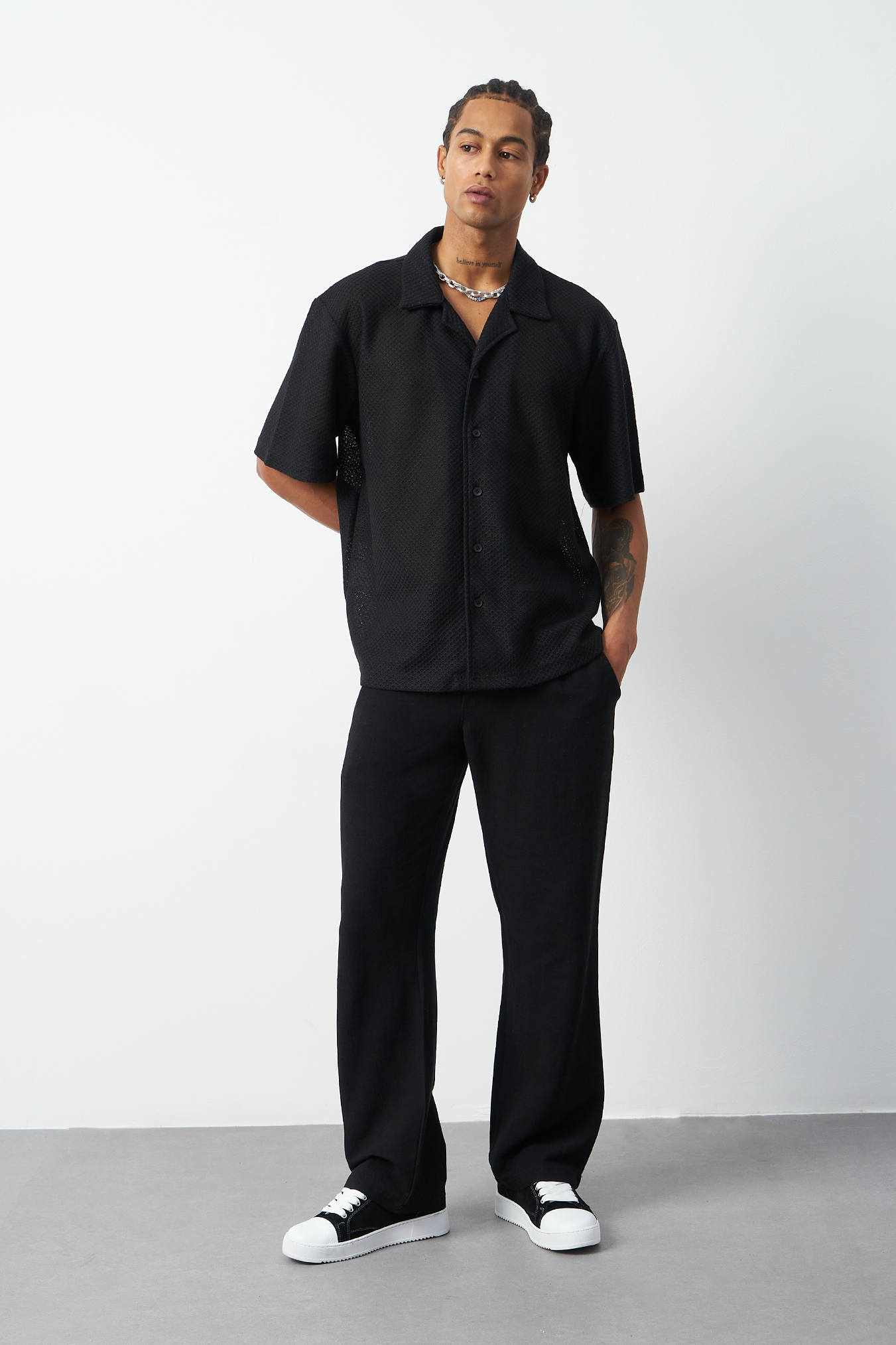 Honeycomb Patterned Oversized Cuban Collar Men's Shirt
