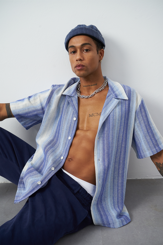 Side view light blue oversized Cuban collar shirt, relaxed fit striped summer shirt for men