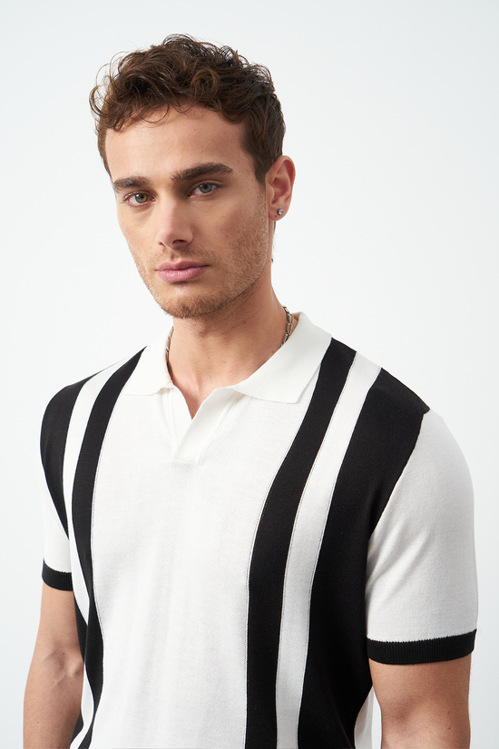 Striped Oversized Polo Neck Knit Men's T-Shirt