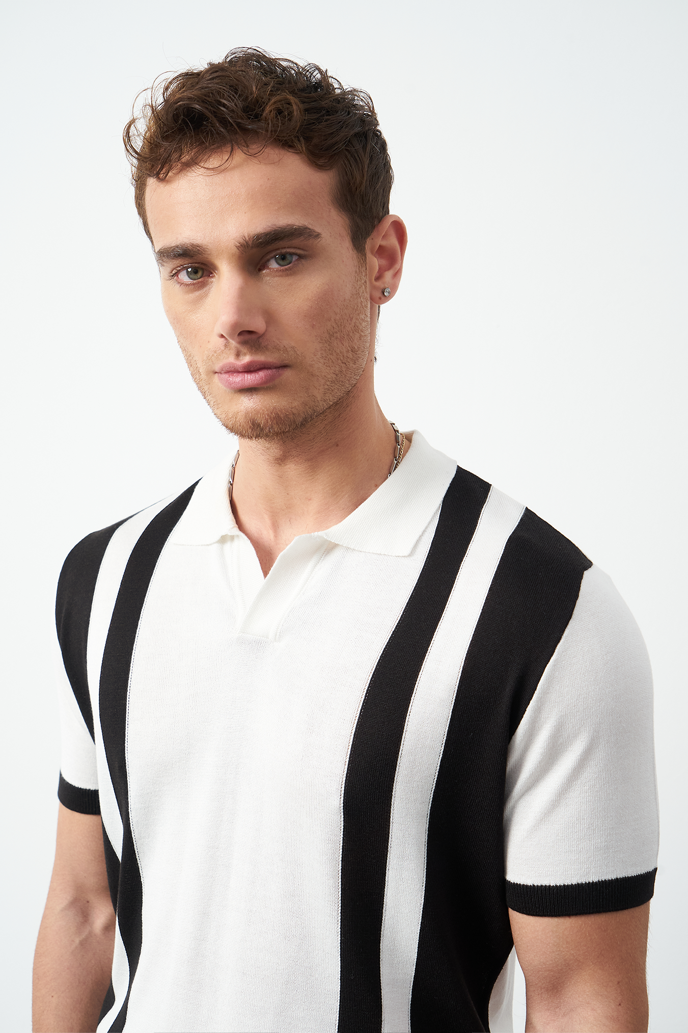 Striped Oversized Polo Neck Knit Men's T-Shirt