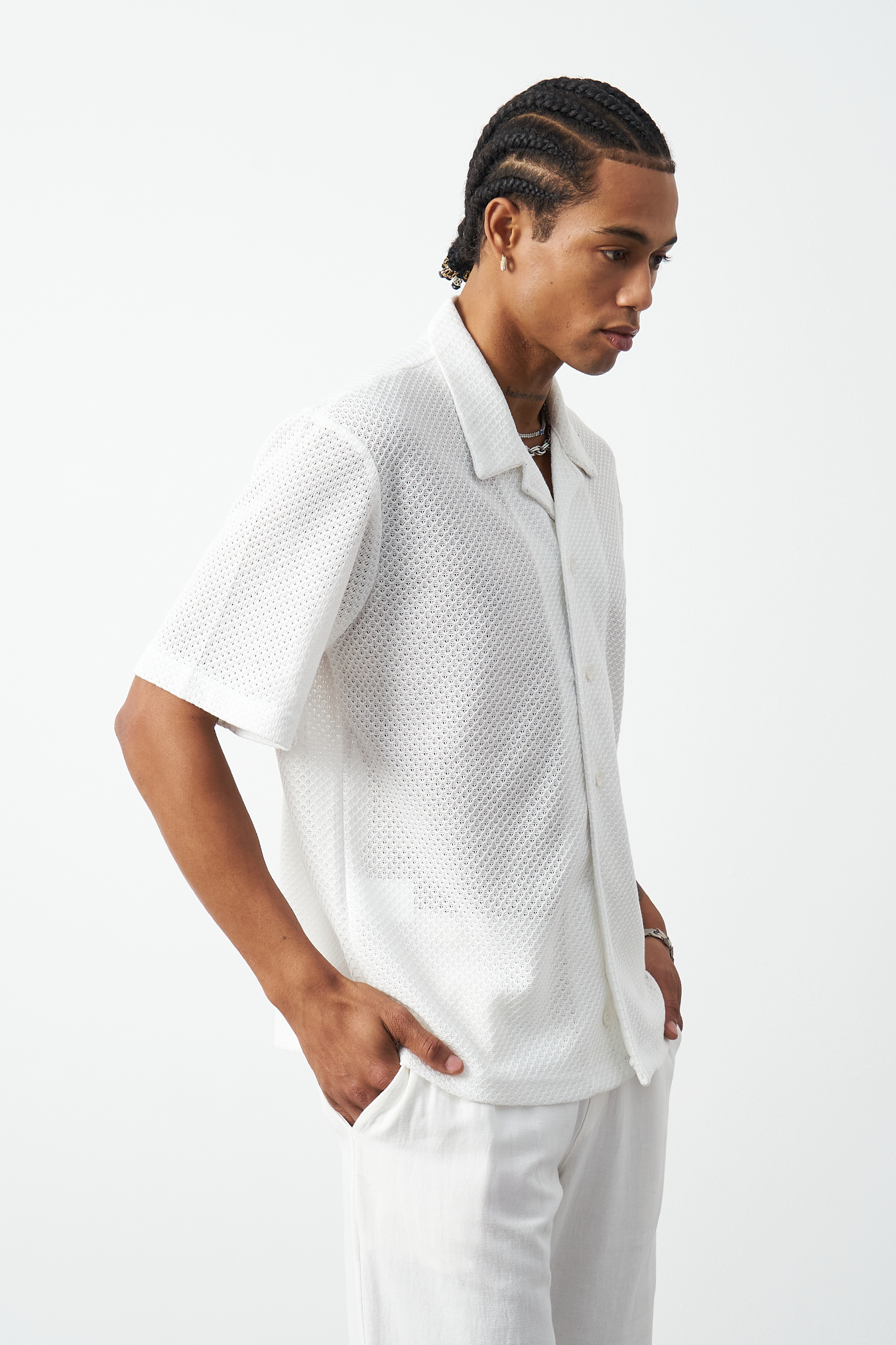 Honeycomb Patterned Oversized Cuban Collar Men's Shirt