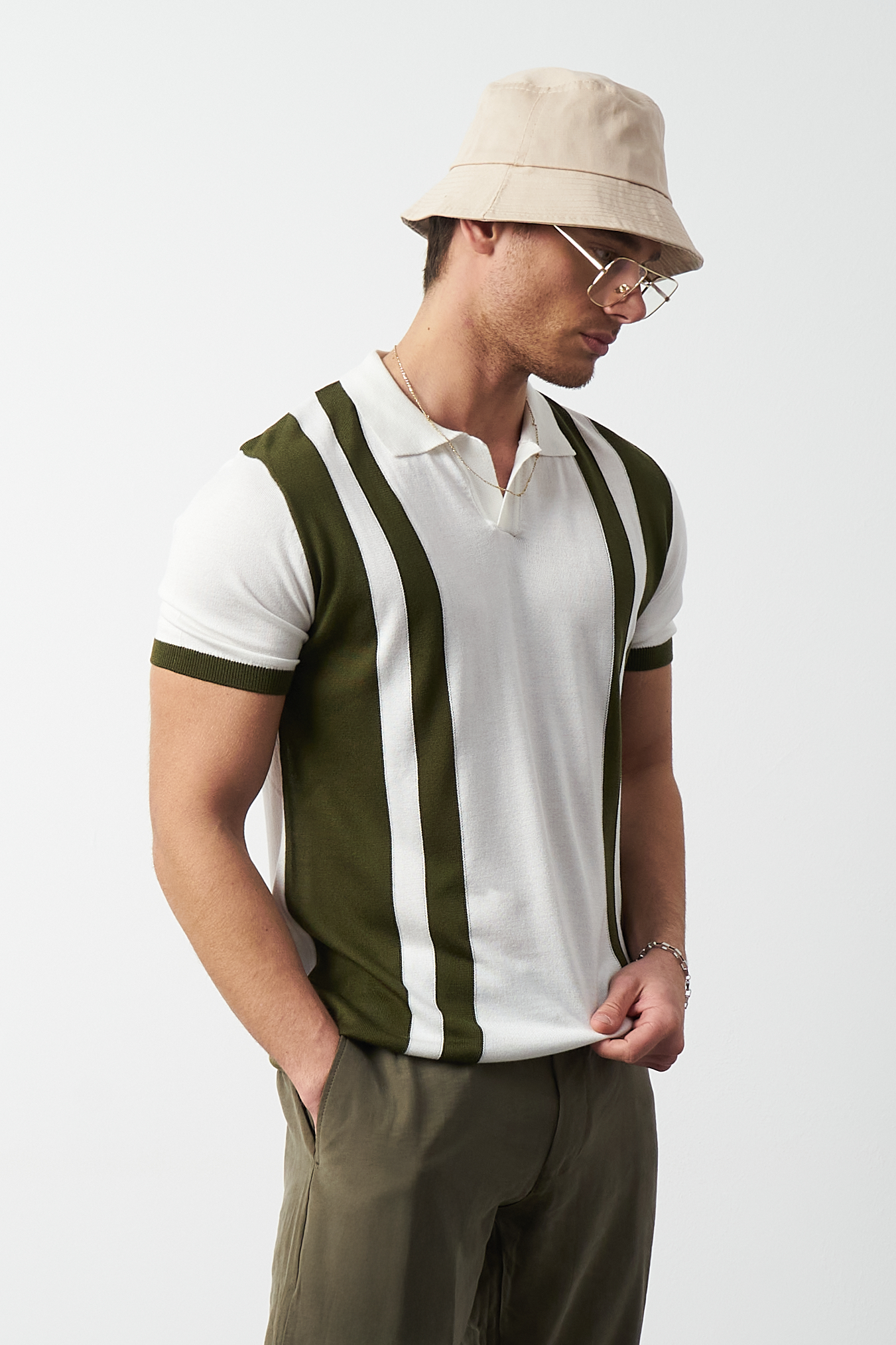 Striped Oversized Polo Neck Knit Men's T-Shirt