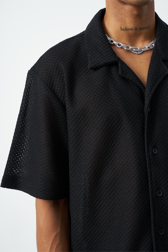 Honeycomb Patterned Oversized Cuban Collar Men's Shirt
