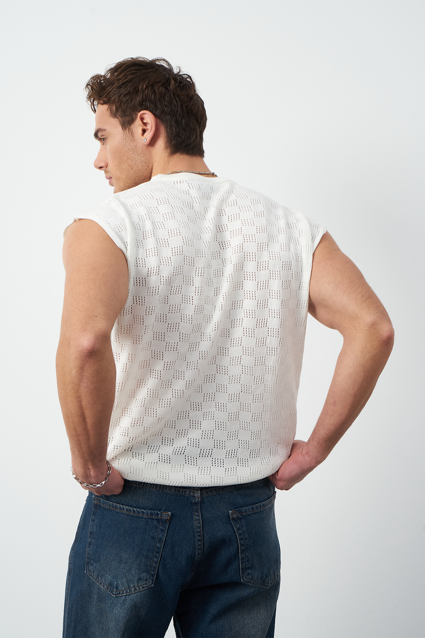 Patterned Oversized Sleeveless Knit Men's T-Shirt