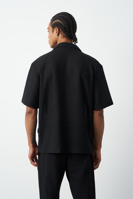 Honeycomb Patterned Oversized Cuban Collar Men's Shirt