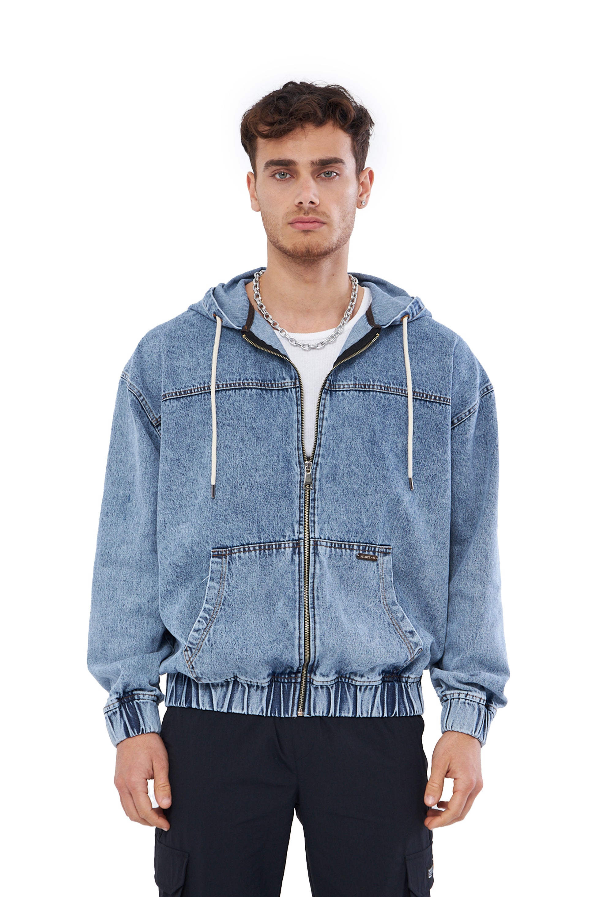 Mesfeno Men's Zip-Up Hooded Denim Sweatshirt