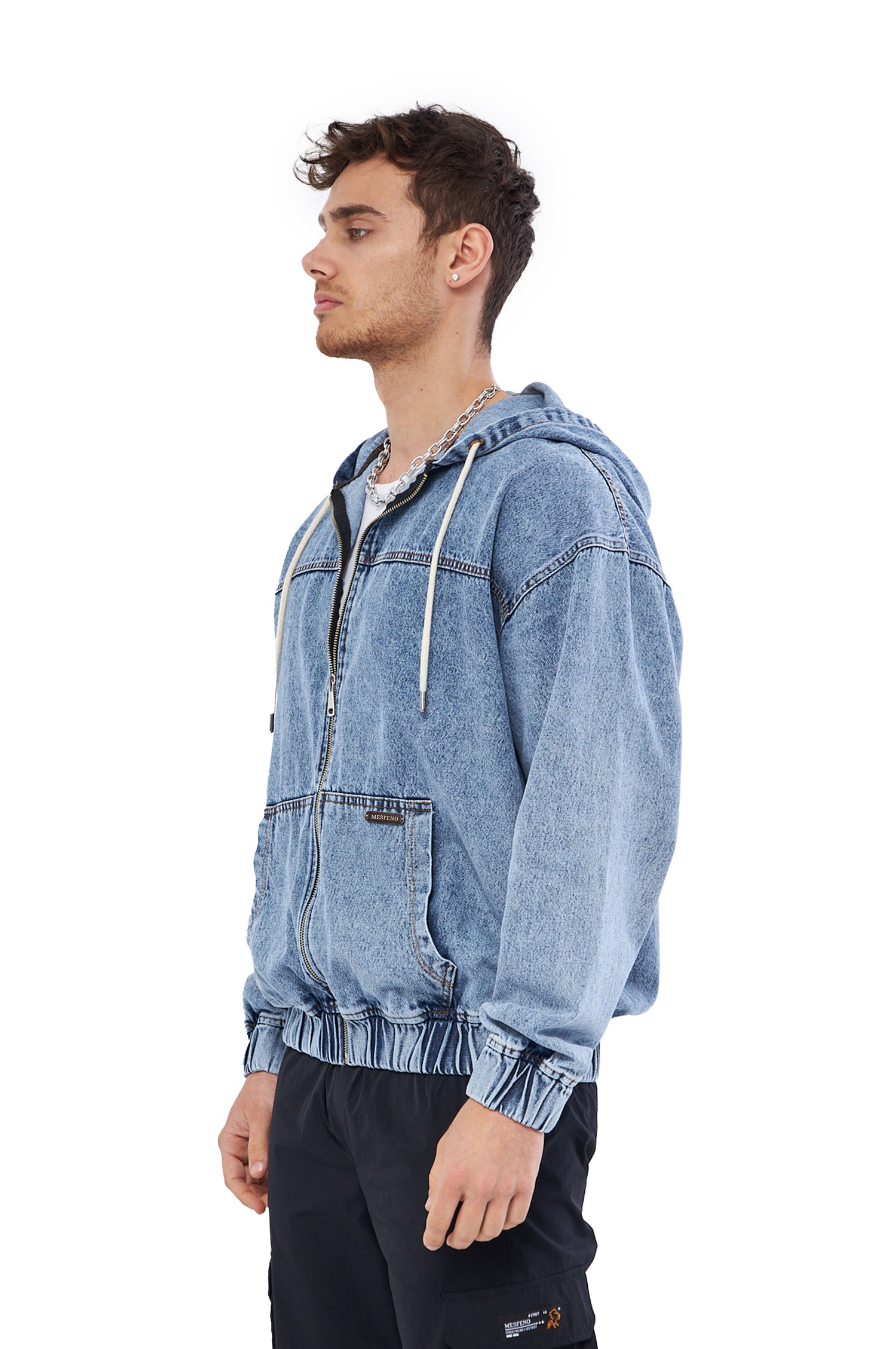 Mesfeno Men's Zip-Up Hooded Denim Sweatshirt